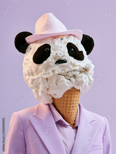 A person in a lavender suit with a panda-shaped cookie and cream ice cream head