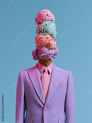 A mannequin in a pastel purple suit with an ice cream cone-shaped head