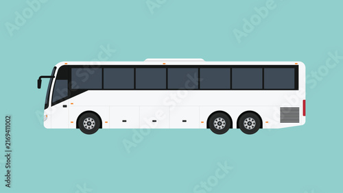 Modern coach bus side view with large passenger windows and luggage compartments for long distance travel and intercity transportation, flat vector illustration