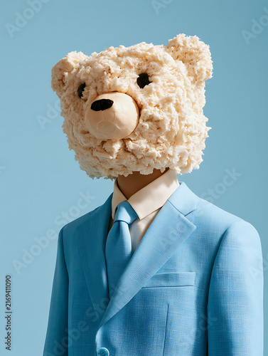 A mannequin in a light blue suit with a cute animal-shaped ice cream head