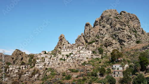 Принти на полотні Pentedattilo historic village beneath rugged rock formations in Calabria, southern Italy, a distinctive Mediterranean travel destination