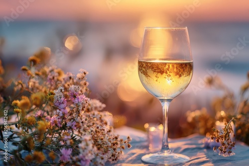 Glass of white wine near flowers and candles during sunset by the beach creating a warm atmosphere for relaxation and enjoyment