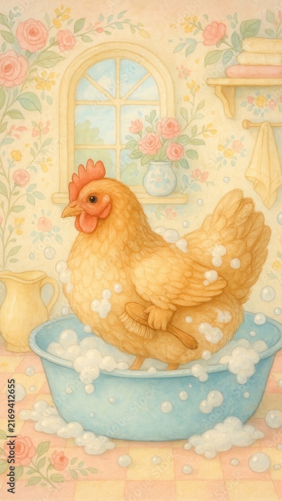 Naklejka premium Whimsical chicken bath mobile wallpaper