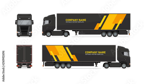 Black semi truck trailer vector template with side, front and rear views. Editable commercial transport mockup for fleet branding, logistics, advertising, livery and vehicle wrap design