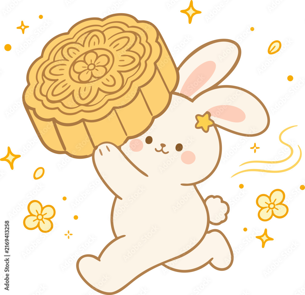 Fototapeta premium Cute Jade Rabbit Carrying Traditional Mooncake Mid-Autumn Festival Sticker Illustration
