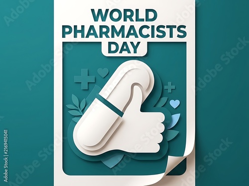 World pharmacists day paper cut style illustration with a pill shaped like a thumbs up sign, symbolizing health care, medical support, and professional pharmacy services
