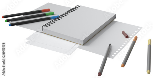 Cuadro en lienzo Clean minimalist flat lay of blank spiral notebooks with open pages, colored pens and markers on white background
