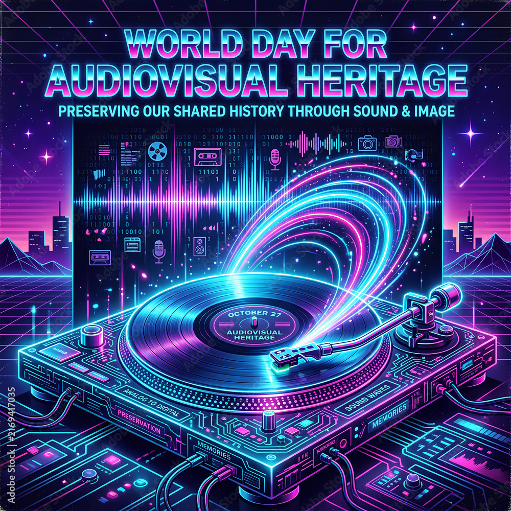 Fototapeta premium Audiovisual Heritage Day: Retro Turntable with Neon Sound Waves & Cityscape