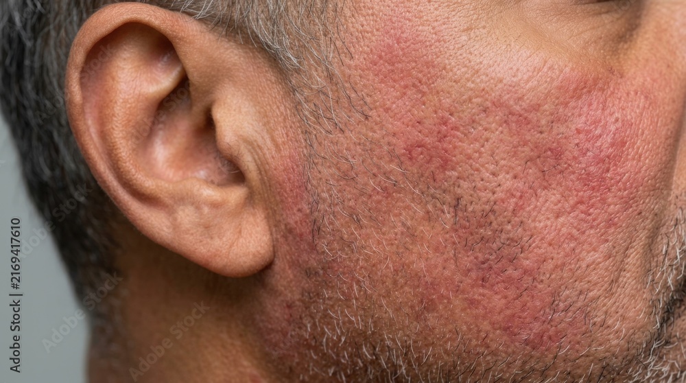 Fototapeta premium Close up of a man suffering from a severe facial skin problem and redness