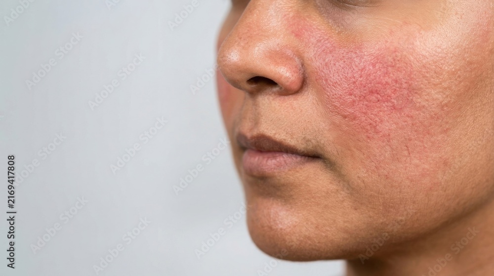 Naklejka premium Close up of a woman with a visible skin problem showing red rash on her cheek
