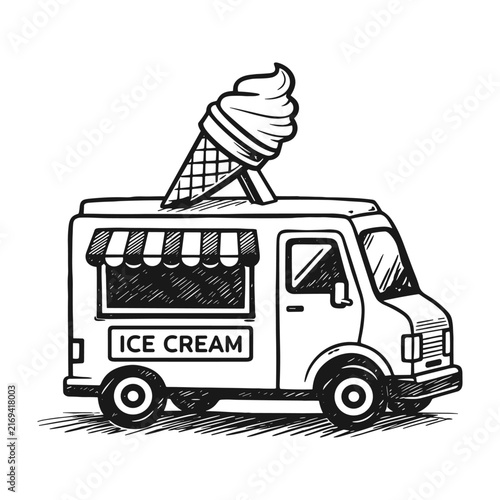 Ice cream van hand drawn sketch icon logo flat vector design