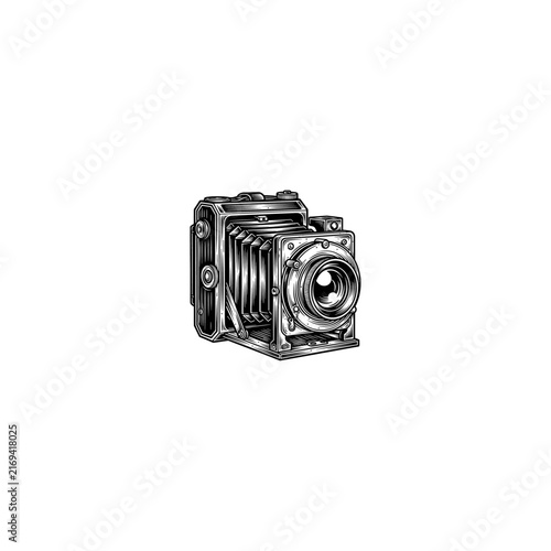 Retro classic camera black and white sketch icon logo flat vector design