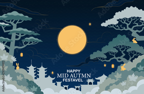 Happy Mid Autumn Festival Moonlit Landscape Background with Full Moon and Forest