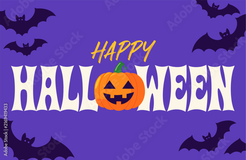 Happy Halloween Typography Banner with Pumpkin and Bats