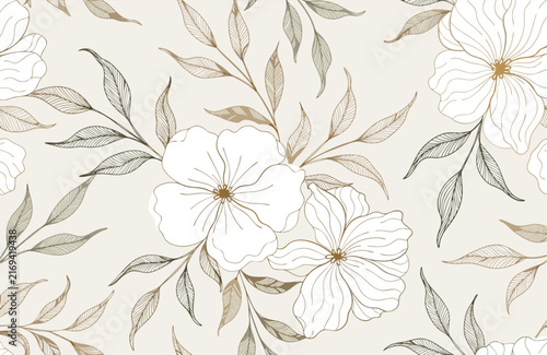 Elegant Beige Floral Seamless Pattern with Hand Drawn Flowers and Leaves