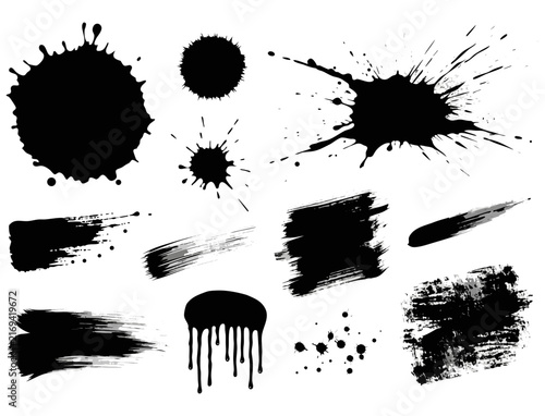 Black Ink Brush Strokes and Splatter Collection Isolated on White Background