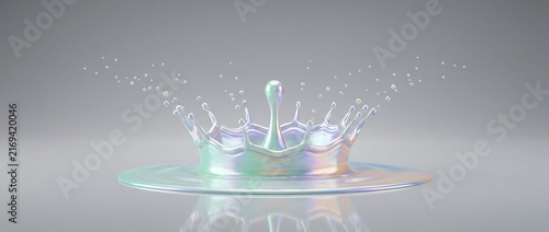 Iridescent pearlescent liquid crown splash with floating droplets on a neutral gray background, modern 3D render illustration showing elegant royal shape and fluid movement.