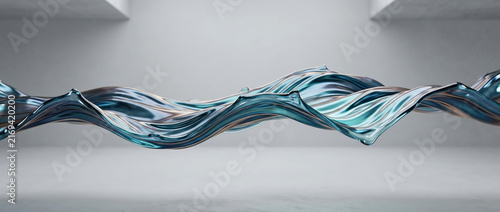 Abstract liquid metallic wave floating in minimalist white studio with teal and silver reflections, sleek modern conceptual 3D render for luxury branding and futuristic background.