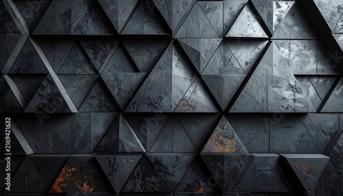 A detailed dark gray geometric triangle pattern wall texture with a weathered metallic finish and dramatic shadows for modern architecture background.