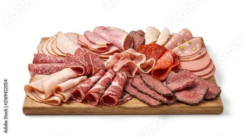 Assortment of sliced cured meats and poultry arranged on wooden board