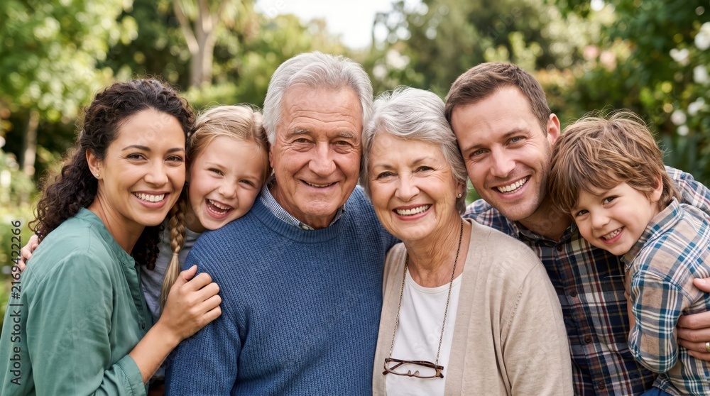 Obraz premium Multi generation family standing together outdoors in garden smiling and embracing with senior couple family portrait grandparents children grandchildren daughter embracing togetherness