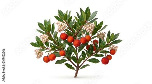 Branch with red berries and green leaves isolated on white background