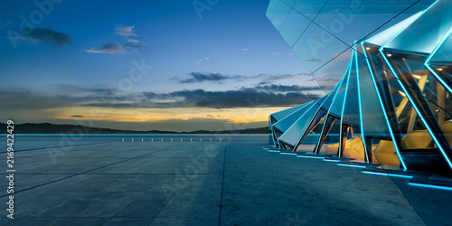 3d rendering futuristic glass building with neon lights at dusk