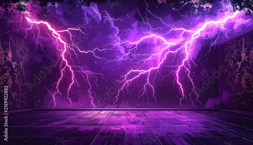 Dark room with an intense purple lightning storm backdrop featuring a polished reflective floor and ornate wallpaper side panel decorations.