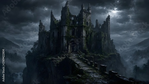 Abandoned gothic castle ruins on cliff in misty dark mountain night, realistic cinematic horror illustration