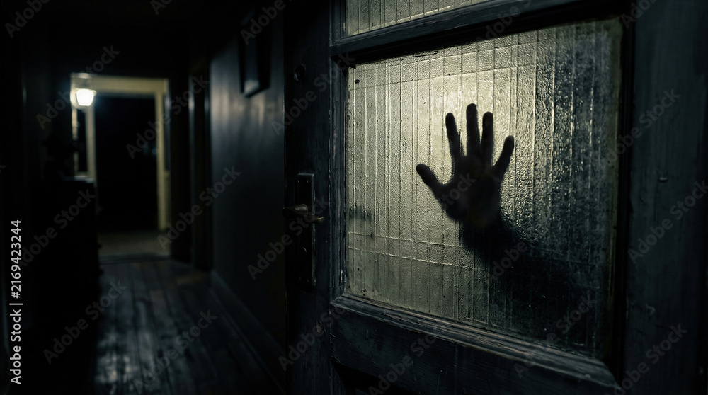 Fototapeta premium Hand silhouette behind glass door in dark hallway. Spooky atmosphere in abandoned house. Scary scene for Halloween holiday, thriller movie poster, mystery or horror fiction concept.