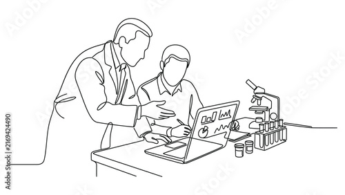 Continuous line drawing of two scientists collaborating in a modern research laboratory.