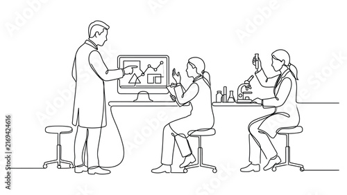 Continuous one line drawing of scientists working together in a laboratory.