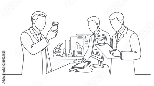 Continuous one line drawing of three male scientists in a laboratory.