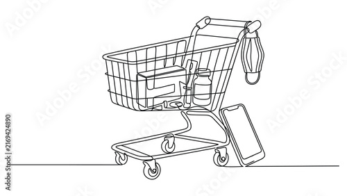 Continuous one line drawing of a shopping cart with medicine and a smartphone.