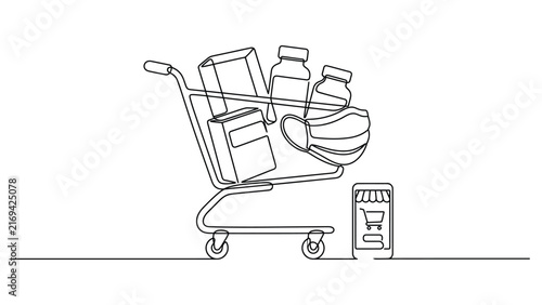 Continuous one line drawing of shopping cart with medical supplies and smartphone.