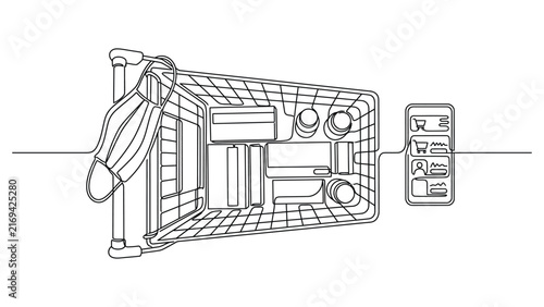 Continuous single line drawing of shopping cart with groceries and smartphone.