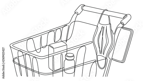 Continuous line drawing of a shopping cart with essential items.