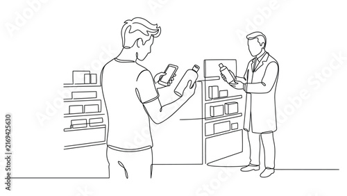 Continuous line drawing of a customer consulting with a pharmacist in a pharmacy.