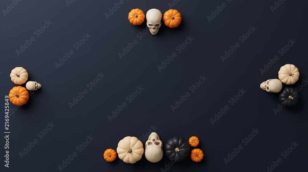 Dark charcoal gray background styled with small thematic arrangements positioned at the top, bottom, and side edges for balanced seasonal framing.