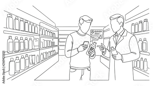 Pharmacist assisting a customer with medicine selection in a pharmacy.
