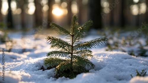 Small pine tree sapling covered in winter snow with warm sunlight shine
