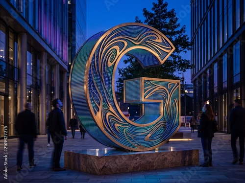 Illuminated letter G sculpture in modern urban plaza at twilight with people walking by