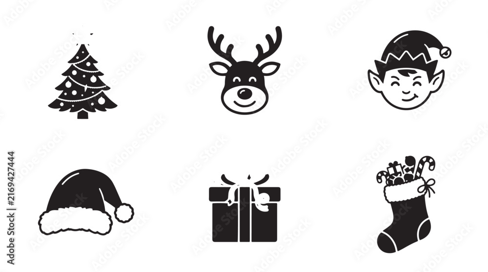 Fototapeta premium Minimalist Christmas icons set, black holiday vector symbols, 6 festive winter elements for seasonal branding and web design isolated on Transparent Background