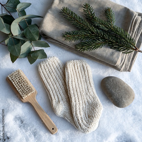 Cozy winter spa day flat lay with wool sock pine branch and bath brush