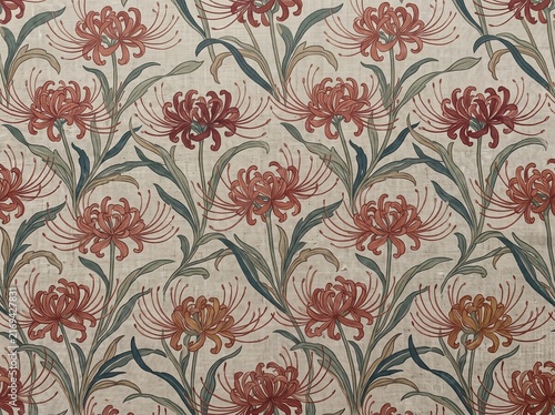 Red spider lily floral pattern background, seamless botanical textile design texture.