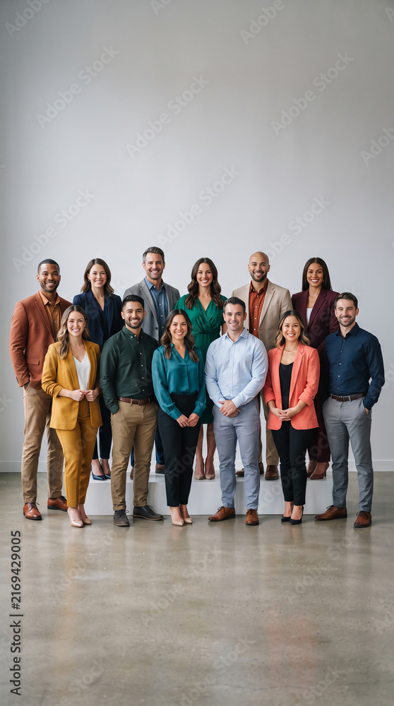 Obraz premium Group of diverse professionals in business attire smiling, showcasing teamwork and collaboration in a modern office setting, symbolizing success and unity.