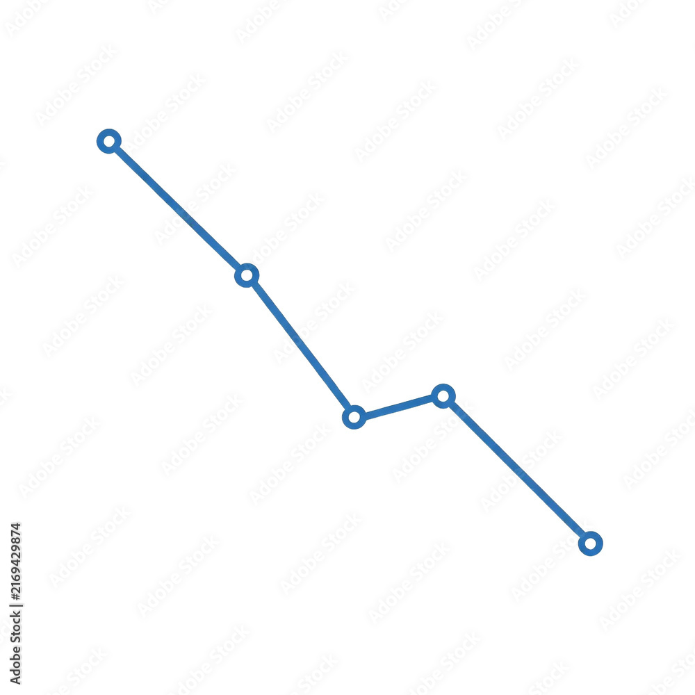 Obraz premium A blue line graph against a black background showing a declining trend through five circular data points connected by segments.