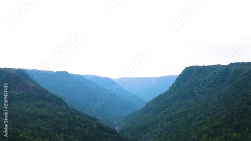 Scenic Khasi Hills range landscape at Meghalaya, Bangladesh India border mountains - aerial panning shot.