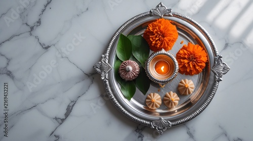 Ganesh Chaturthi Pooja Marble Flatlay