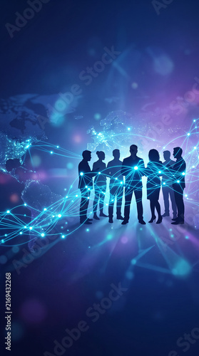 Silhouettes of diverse people connected by glowing blue lines against a stylized world map, symbolizing global networking and business collaboration.
